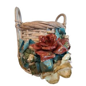 Vintage Whitewashed Wicker Basket With Molded Flowers Ribbon Details Shabby Chic